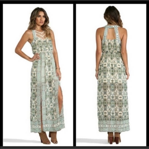 Free People lace front maxi dress double front slit Moroccan cream green print - Picture 16 of 16